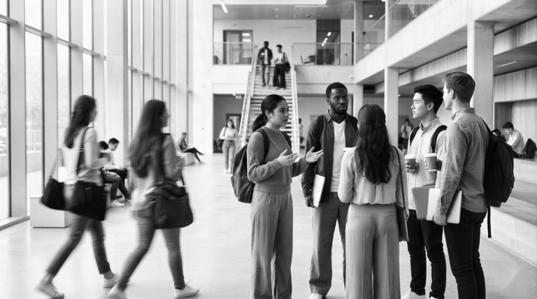 Grupo de estudiantes internacionales conversando en el atrio de una universidad, con el titular Tu programa era real, tu PGWP igual fue rechazado